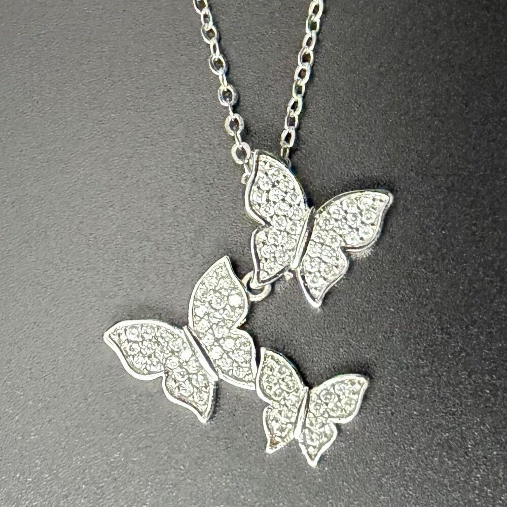 Sterling Silver 925 Butterfly Pendant Pave CZ On 16-18” Cable Chain Necklace